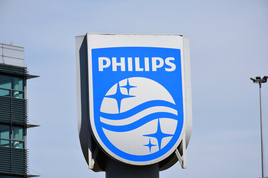 Philips emblem at Philips Polska building. WARSAW, POLAND - AUGUST 2, 2020