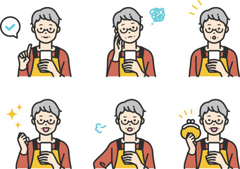 スマートフォンを操作するシニア世代の主婦のセット