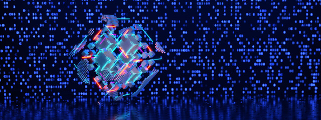 Abstract digital cube. Blockchain technology concept. Big data concept. 3d render.