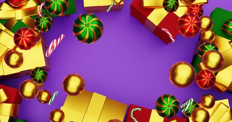 beautiful, Christmas, festive background with colored balloons and gifts. Bright colors. Sweets. 3d render