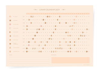 One page 2024 year moon calendar in retro vintage style. Minimal gold lunar calendar 2024 print poster.