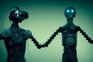screen hand between robot in a studio.