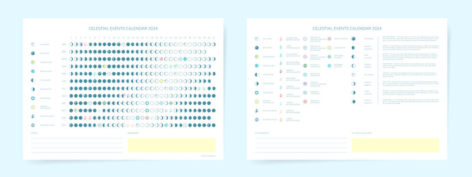 One Page 2024 Year Moon Calendar With Celestial Events Guide. Schedule Of Full Moon, New Moon, Solar Eclipse, Meteor Shower, Planetary Event, Equinox And Solstice. Europe And USA Region.