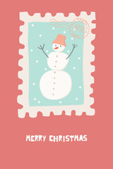 Happy snowman Santa Post. Merry Christmas card. Vertical vector illustration with winter postage stamp. Banner, poster. Modern flat artwork