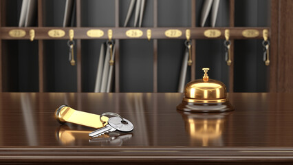Service, hotel concept. Golden reception bell and hotel key on hotel reception desk - 3d illustration - obrazy, fototapety, plakaty
