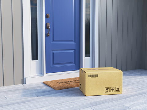 Online purchase delivery service concept. Cardboard parcel box delivered outside the door. Parcel near entrance door. 3d rendering