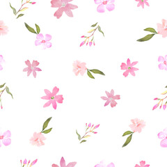 Fototapeta na wymiar Watercolor gentle seamless pattern with abstract different pink flowers, leaves. Hand drawn floral illustration isolated on white background. For packaging, wrapping design or print. Vector EPS