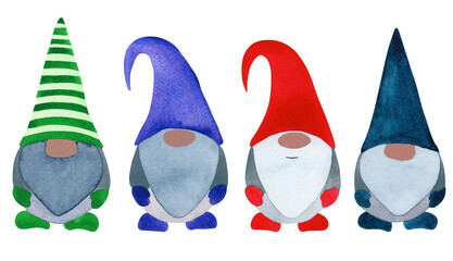 A set of watercolor Christmas gnomes. Watercolor Christmas illustration.