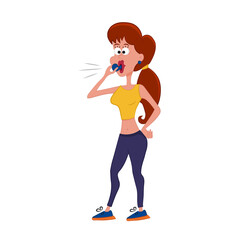 Female coach blows her whistle during sports practice. Physical education teacher explains to students how to do the exercises. Vector. PNG