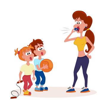 Female coach blows her whistle during sports practice. Physical education teacher explains to students how to do the exercises. Vector illustration. Cartoon.