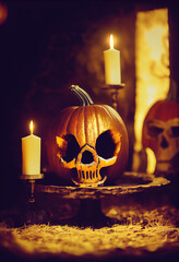 Halloween skull, pumpkin. AI render.