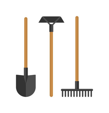 Garden tools set. Shovel, hoe, rake. Flat vector illustration isolated on white background.