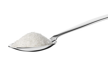 Teaspoon with granulated sugar isolated on white. - obrazy, fototapety, plakaty