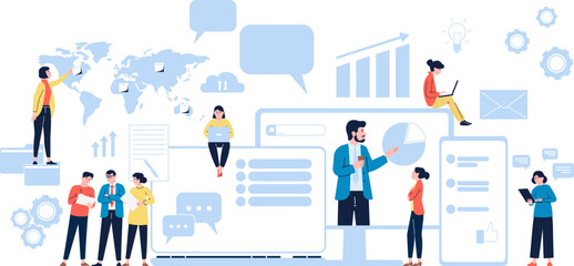 Online team work and communication. Virtual connection participation, global business network and smart innovation web office recent vector scene