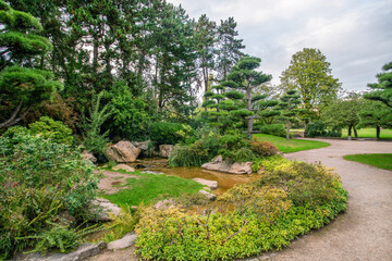 Fototapeta na wymiar Japanese garden in NORDPARK in Dusseldorf with artificial stream and topiary pine trees and rocks