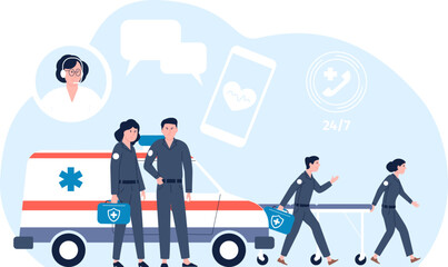 Ambulance service, smartphone call to emergency. Accident medical help. Paramedics characters and hospital car. Mobile medicine recent vector scene