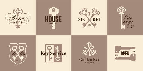 Vintage key label. Real estate logos, medieval keys emblem. Luxury premium house symbols. Private and secret, property tidy vector graphic