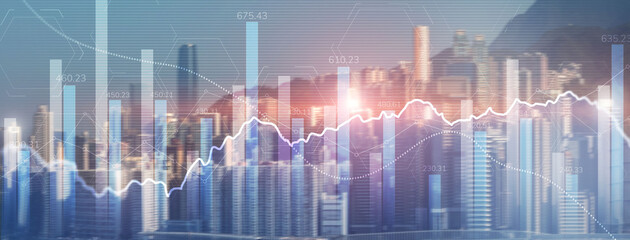 Data analysis. Financial data on a monitor as Finance data concept. Analytics 2022 on city background