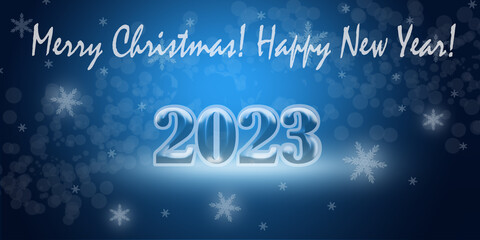 Naklejka na ściany i meble 2023, Merry Christmas, Happy New Year on a magical blue background with bokeh. Inscriptions, numbers.