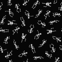 Dancing skeletons seamless pattern. Halloween skull background. Funny wrapping, textile, fabric, wallpaper, black white digital paper