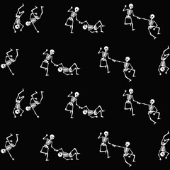 Funny Halloween seamless pattern with skeletons. Falling, rising and dancing human bones. Vector repeating texture for wrapping paper, textile. Black and white design