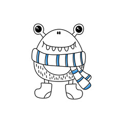 Cute doodle monster in a blue scarf and winter boots. Contour vector illustration. Design for T-shirts, postcards and poster