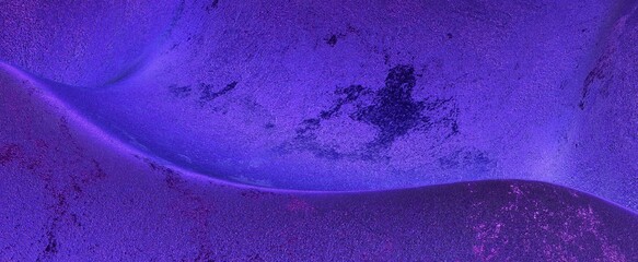 Neon abstract stone wave background. Purple curved surface with 3d render gradient of pink marble flecks. Frozen colorful grunge splash of deorative liquid