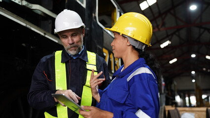 Group of apprentices with instructor at railway engineering facility. Teacher talking to apprentices at railway engineering facility