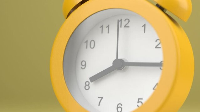 Zooming in on the yellow alarm clock. Yellow alarm clock on a yellow background. The arrows of the yellow alarm clock rotate. 3d render.