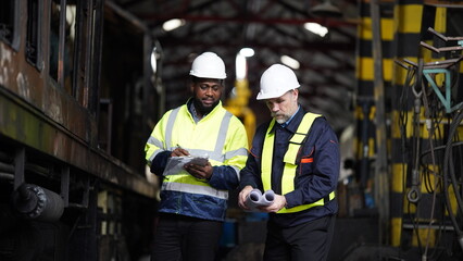 Portrait of engineer and apprentice in workshop of railway engineering facility