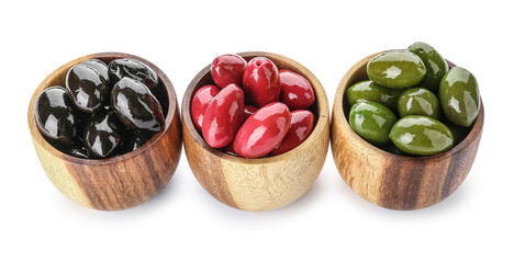 Bowls with different kinds of tasty olives on white background