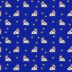Jumping cow, funny kid seamless pattern. Farm animal, vector illustration. Funny heifer flying in blue sky. Repeating background for baby clothes, fabric, textile, wallpaper, bedding, wrapping paper