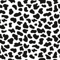 Cow pattern, black white farm animal fur. Seamless background