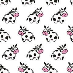 Cartoon cow seamless pattern, funny heifer on white background. Childish style art for baby clothes, textile, fabric, wallpaper, wrapping paper. Farm animal texture, hand drawn vector illustration