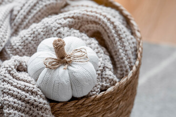 Still-life. Knitted pumpkin, orange pumpkins, beige knitted plaid in a homemade wicker basket. Cozy autumn concept. Home decor.