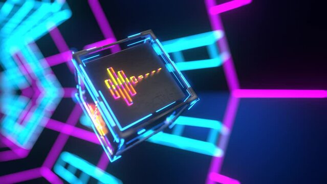 Rotation of a cube in a neon tunnel. cube with an equalizer moves inside a futuristic tunnel. vj-loop. 3d rendering