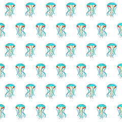 Jelly fish Jellyfish seamless pattern. Blue ocean wildlife animal on white background. Accurate nautical backdrop, marine texture for kids clothes, fabric, textile, wallpaper, bedding,seamless pattern