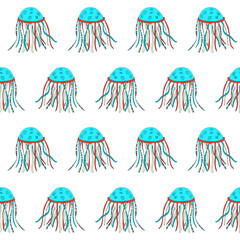 Jelly fish Jellyfish seamless pattern. Blue ocean wildlife animal on white background. Accurate nautical backdrop, marine texture for kids clothes, fabric, textile, wallpaper, bedding,seamless pattern