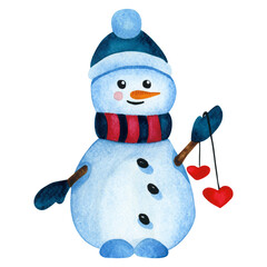 Watercolor Christmas snowman with hearts. Christmas watercolor illustration.