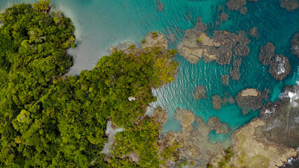 Tropical island, sea landscape. Stone beach on the island, aerial view 