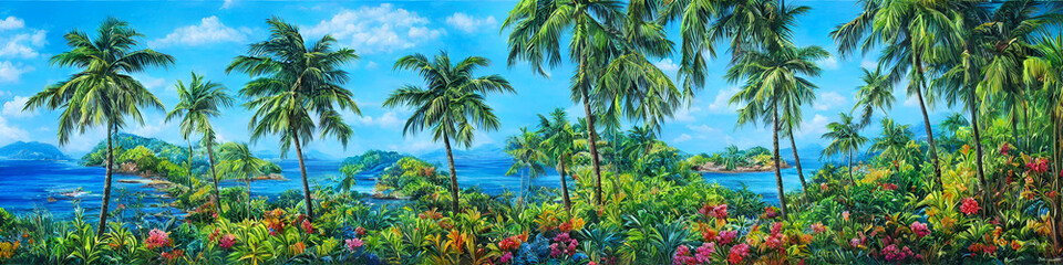Fototapeta premium Sunshine in a Tropical Paradise with Palm Trees and Luminescence 