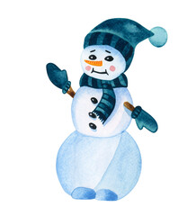Watercolor Christmas snowman. Christmas watercolor illustration.