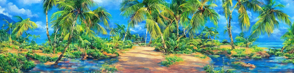 Naklejka na ściany i meble Sunshine in a Tropical Paradise with Palm Trees and Luminescence 