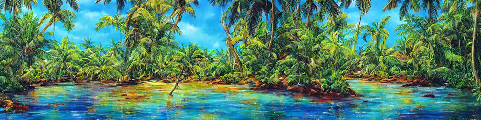 Fototapeta na wymiar Sunshine in a Tropical Paradise with Palm Trees and Luminescence 
