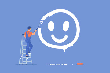 Paint smile concept. Psychology exercise optimal living, boy climbing ladder to painting fun face on wall, optimistic thinking mental therapy optimism energy, vector illustration - obrazy, fototapety, plakaty