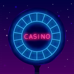 Casino neon street billboard. Gambling chips frame. Jackpot concept banner. Vector stock illustration