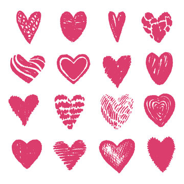 Set of grunge hearts set. Symbols of love for Valentine day. Hand drawn vintage vector illustration. 