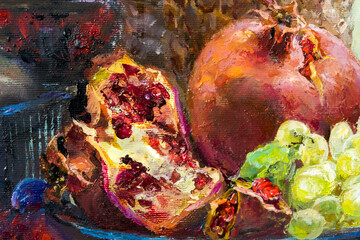 Still life with pomegranate, pineapple and grapes fruit. Oil painting on canvas.