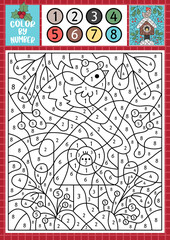 Vector Christmas color by number activity with cute kawaii bird house, snow. Winter holiday scene. Black and white counting game with nestling, leaves, berries. New Year coloring page for kids.