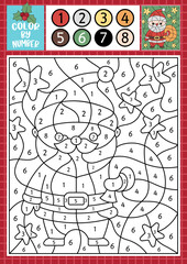 Vector Christmas color by number activity with cute kawaii Santa Claus with sack. Winter holiday scene. Black and white counting game with Saint Nicolaus, bag, presents. New Year coloring page for kid